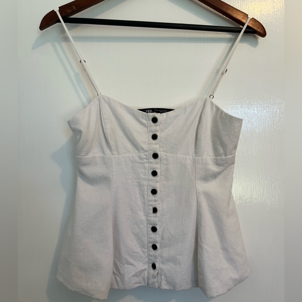Zara White Women’s Button Down Front Peplum Top with Spaghetti Straps, Size XS